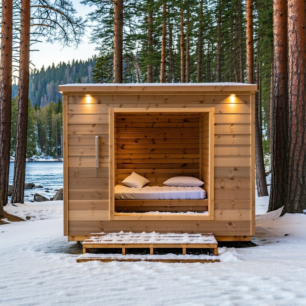 A 6x6 bespoke custom finnish sauna from the outside in a snowy forest in bend oregon The shape is square clean lines one side is a whole window a river in the background a high end luxury house in the near distance-3 A 6x6 bespoke custom finnish sauna from the outside in a snowy forest in bend oregon The shape is square clean lines one side is a whole window a river in the background a high end luxury house in the near distance-3