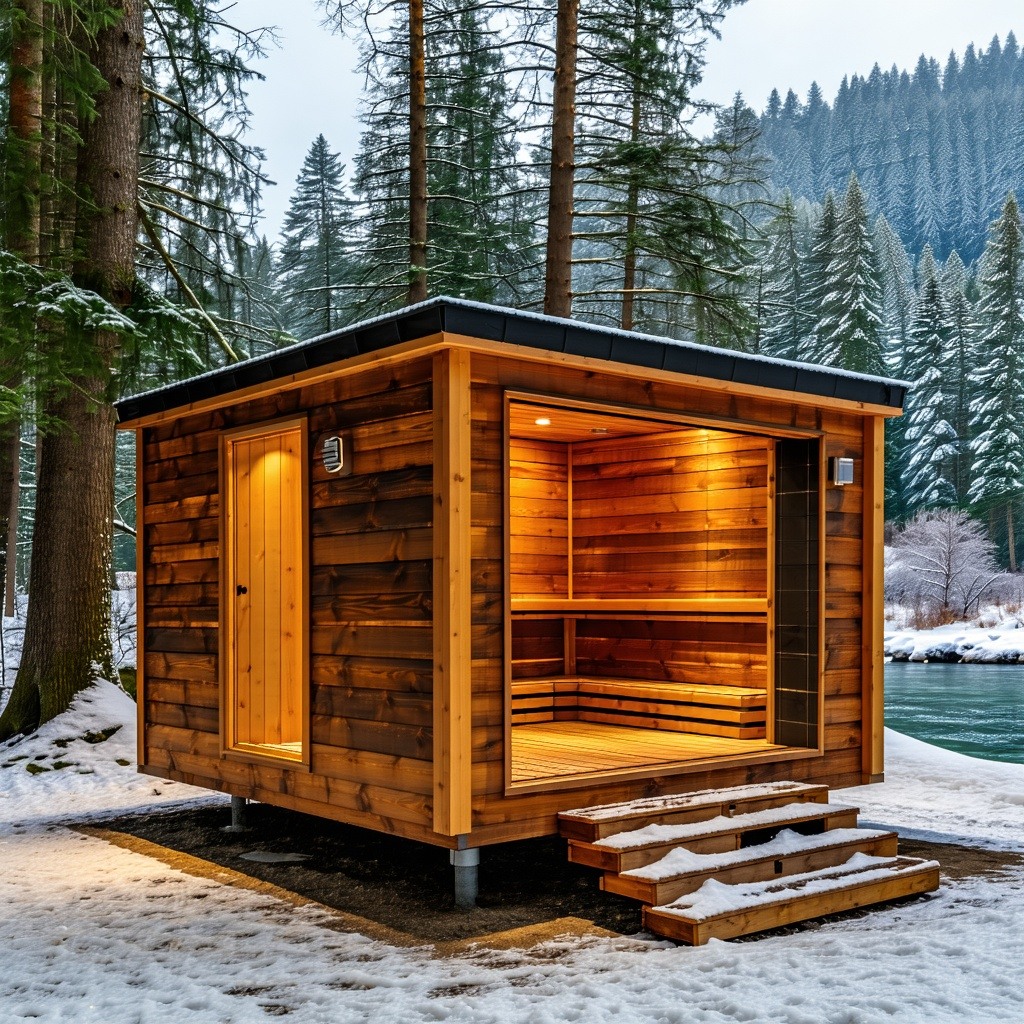 A 6x6 bespoke custom finnish sauna from the outside in a snowy forest in bend oregon The shape is square clean lines one side is a whole window a river in the background A 6x6 bespoke custom finnish sauna from the outside in a snowy forest in bend oregon The shape is square clean lines one side is a whole window a river in the background